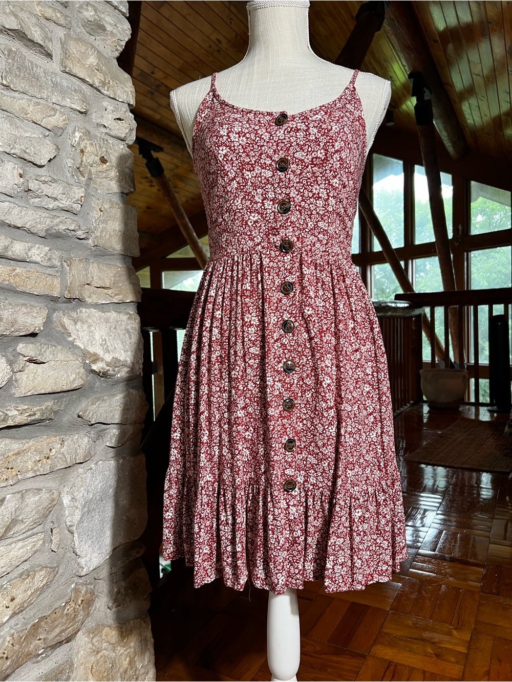 Japna Burgundy and White Floral Button-Front Mini Dress